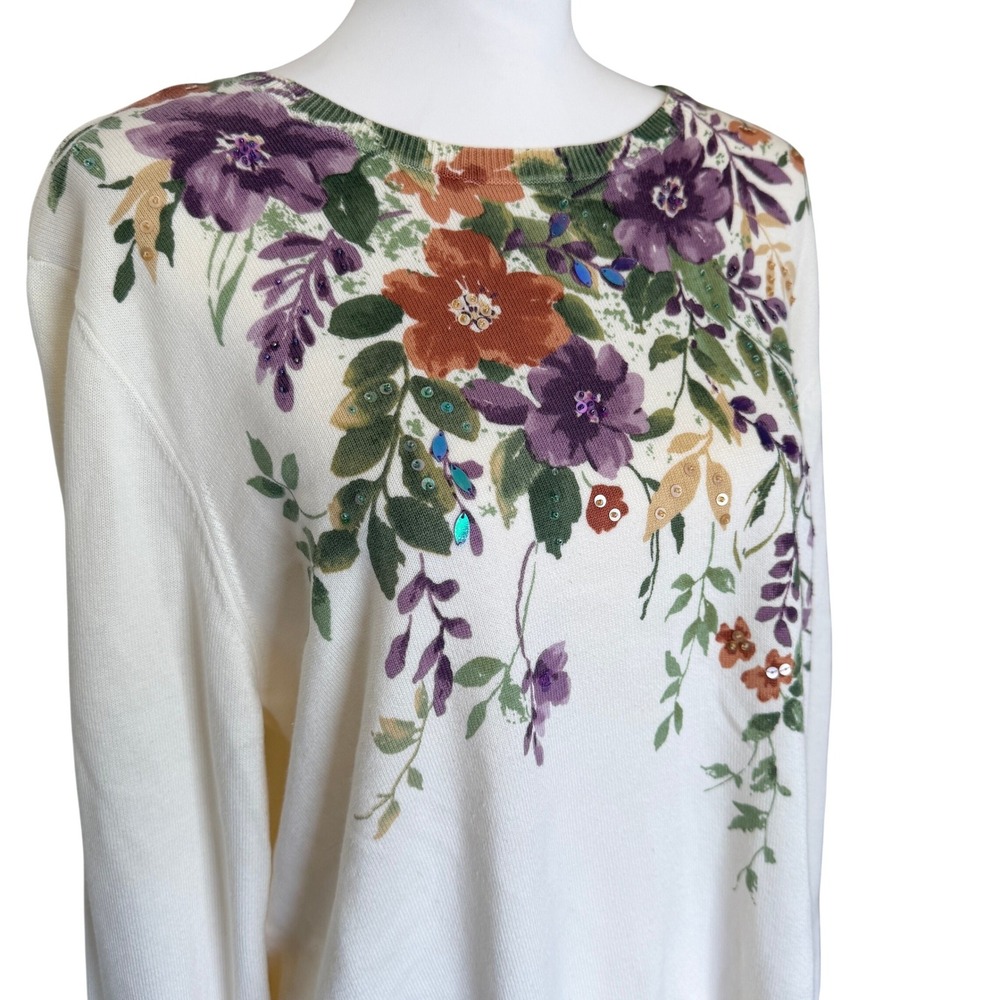 Alfred Dunner Womens XL Sweater‎ Cream Floral Sequins Grannycore Glamma